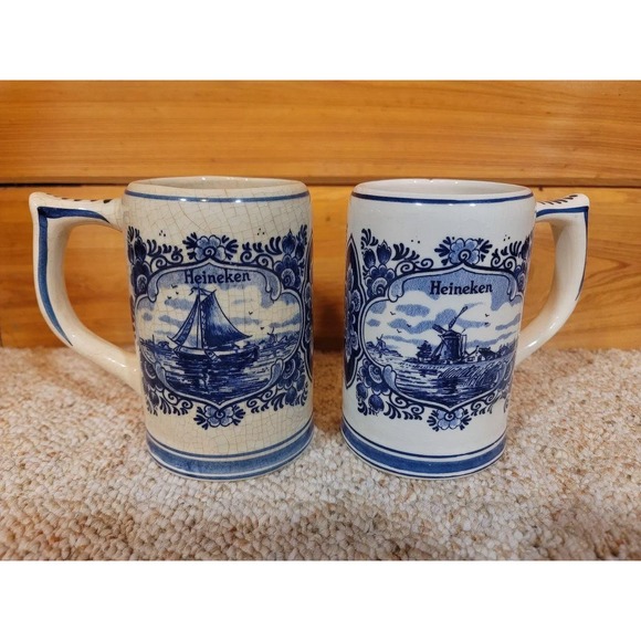 royal delft Other - Pair OfDelft Blue Hand Painted Heineken Windmill Beer Tankard Stein Mug Holland